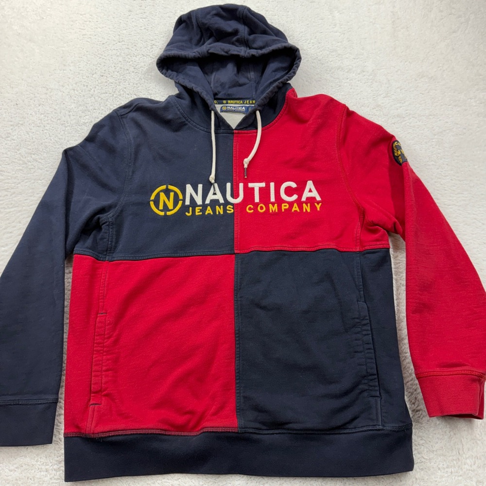 Nautica Jeans Company‎ Color Block Hoodie Men's Size L Navy Red Pullover